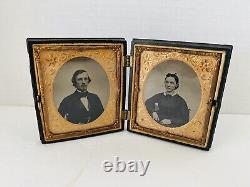 1850s 1/6th Double Daguerreotypes Elegant Young Couple Tinted Union Case NICE