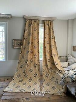 2 Antique French curtains printed linen with yello and blue roses Set of two
