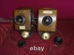 A very early set of two lwooden oak wall telephones, c 1900 Antique vintage