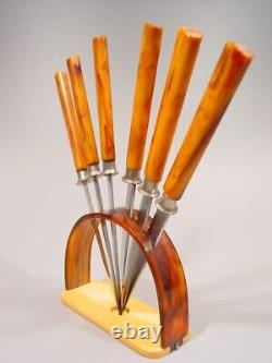 ART DECO amber marbled BAKELITE two tone Fruit Knives Set flatware 1920s catalin