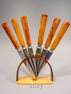 ART DECO amber marbled BAKELITE two tone Fruit Knives Set flatware 1920s catalin