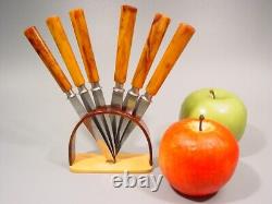 ART DECO amber marbled BAKELITE two tone Fruit Knives Set flatware 1920s catalin