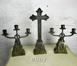 Altar Set Gorgeous Standing Crucifix with two Candelabras Ornate Embossed Brass