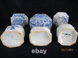 Antique 18th century Delft Blue White Garniture Set Two Vases Urn Lidded Foo Dog