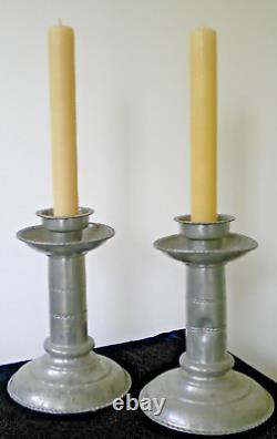 Antique Handmade Scandinavian Large Pewter Candleholders Set of Two
