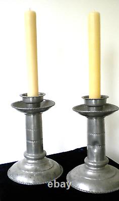 Antique Handmade Scandinavian Large Pewter Candleholders Set of Two