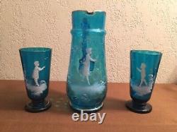 Antique Mary Gregory Turquoise Pitcher Set with Two (2) Tumblers