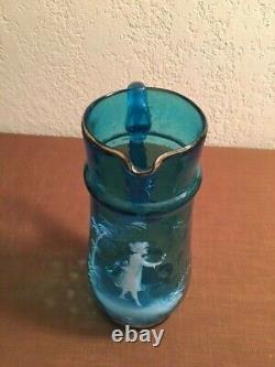 Antique Mary Gregory Turquoise Pitcher Set with Two (2) Tumblers
