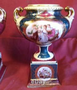 Antique Old Vintage Porcelain Pair of Two 2 Urns Vases Set Royal Old Vienna