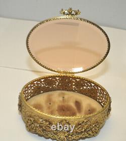 Antique Ormolu Filigree Vanity Set Beveled Peach Glass Two Bottles & Jewelry Box