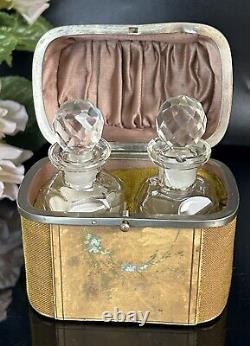 Antique Perfume Set Two Glass Bottles In Velvet Travel Case France 19thC