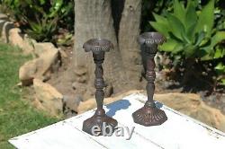 Antique Set of Two Victorian Cast Iron Floral Candleholders
