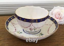 Antique c. 1778 Crown Derby Tea Bowl & Saucer Handpainted Floral with Cobalt Trim