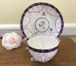 Antique c. 1778 Crown Derby Tea Bowl & Saucer Handpainted Floral with Cobalt Trim