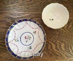 Antique c. 1778 Crown Derby Tea Bowl & Saucer Handpainted Floral with Cobalt Trim