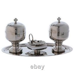 Baptism set with two Sacred Oils containers and shell in metal, silver