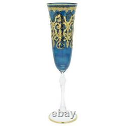 GlassOfVenice Set of Two Murano Glass Alba Champagne Flutes 24K Gold Leaf Blue