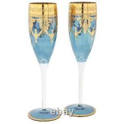 GlassOfVenice Set of Two Murano Glass Champagne Flutes 24K Gold Leaf Blue