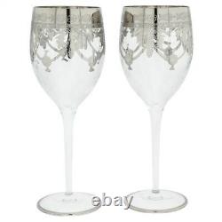 GlassOfVenice Set of Two Murano Glass Wine Glasses Sterling Silver Leaf Transp