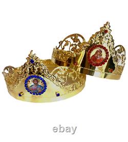 Golden Byzantine Orthodox wedding crowns set of two in Christian church