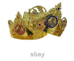 Golden Byzantine Orthodox wedding crowns set of two in Christian church