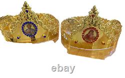 Golden Byzantine Orthodox wedding crowns set of two in Christian church