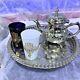 Handmade Moroccan Tea Set, With Silver Teapot, Tray & Two Hamsa Hand Glasses