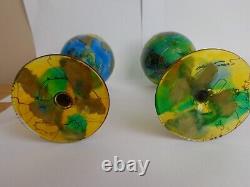 IRIMIEA Set of Two Blue Green Yellow Gold Hand Painted Wine Glasses RARE