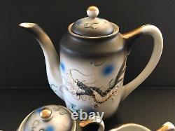 Kutani Moriage Dragon tea set for two Lithophane Geisha cups teapot cream sugar