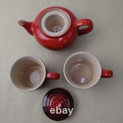 Le Creuset Tea Set Teapot & Two Mug Cup Set In Box Cherry Red