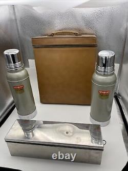 MCM Vtg 1958 Two STANLEY THERMOS PICNIC SET Leather Zip Case N944 NO RUST Mugs