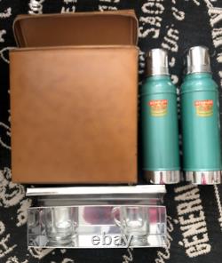 MCM Vtg 1958 Two STANLEY THERMOS PICNIC SET Leather Zip Case N944 NO RUST Mugs