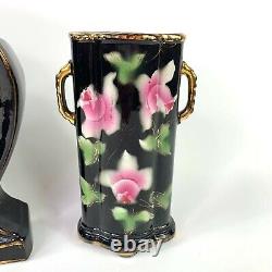 Mantelpiece Set Painted China Clock w Two Vases black Pink Roses 30s vtg England