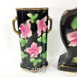 Mantelpiece Set Painted China Clock w Two Vases black Pink Roses 30s vtg England