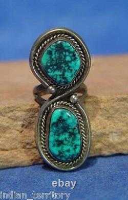 Navajo Sterling Silver Ring with Two Turquoise Settings c. 1970 Size 7