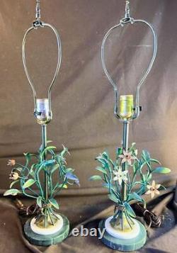 Old Vintage Pair Set of Two 2 Tole Painted Wrought Iron Marble Italian Lamps MCM