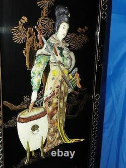 Oriental Asian Carved Mother Of Pearl Black Lacqured Panels Set Of Two