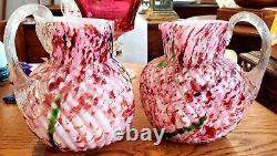 Pair of Antique Twisted Spatter Glass Pitchers Cranberry/White/Green, Square Top