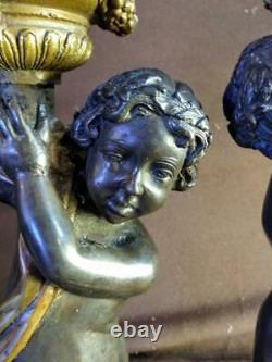 Pair of Two Bronze Cherub Putti Candlesticks Figural Statues Art Sculpture Set