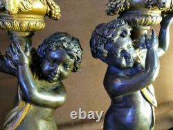 Pair of Two Bronze Cherub Putti Candlesticks Figural Statues Art Sculpture Set