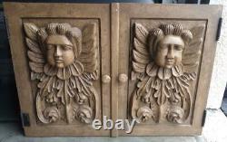 Pair of Two Carved Wood Cherub Angel Carvings Doors Plaques Art Sculpture Set B