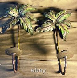 Pair of Two Metal & Wrought Iron Tole Painted Palm Tree Wall Candle Sconces Set