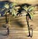Pair Of Two Metal & Wrought Iron Tole Painted Palm Tree Wall Candle Sconces Set