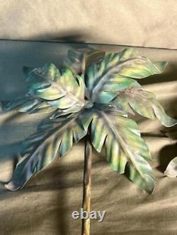 Pair of Two Metal & Wrought Iron Tole Painted Palm Tree Wall Candle Sconces Set