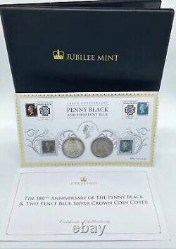 Penny Black & Two Pence Blue Stamp Set With Queen Victoria Silver Crown Coins