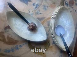 Rare! Set of 7 Boat Dishes in Mother-of-Pearl & Two Cowrie Shell Spoons
