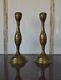 Rare Vintage Set Two Candlestick Holders Brass Israel Metal 11 From Jerusalem