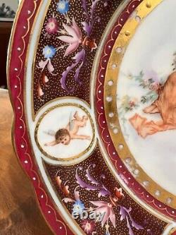 Royal Vienna Style Hand Painted Lady & Cherubs Cupid Raised Gold Plate Set 2