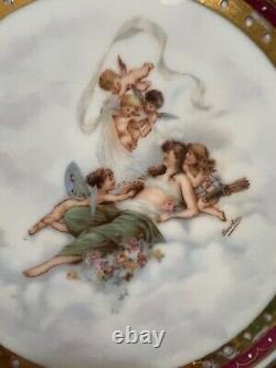 Royal Vienna Style Hand Painted Lady & Cherubs Cupid Raised Gold Plate Set 2