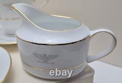 Set (2) Gray Eagle Emblem Gold Trim Cup & Saucer withCreamer Military Colonel Army